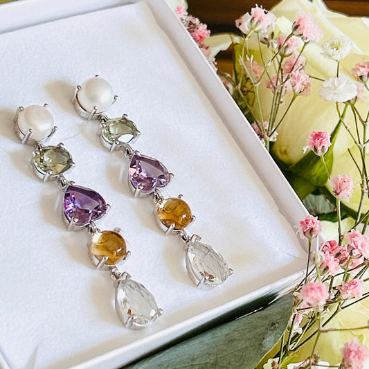 Ädelsten Pearl, Green Amethyst, Pink Amethyst, Citrine and Black Rutile Quarz