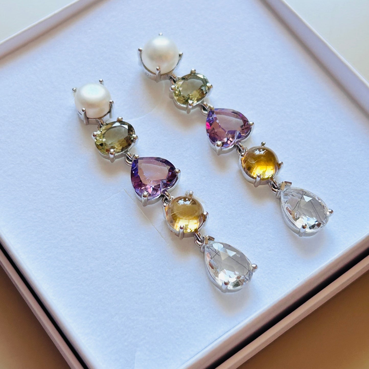 Ädelsten Pearl, Green Amethyst, Pink Amethyst, Citrine and Black Rutile Quarz
