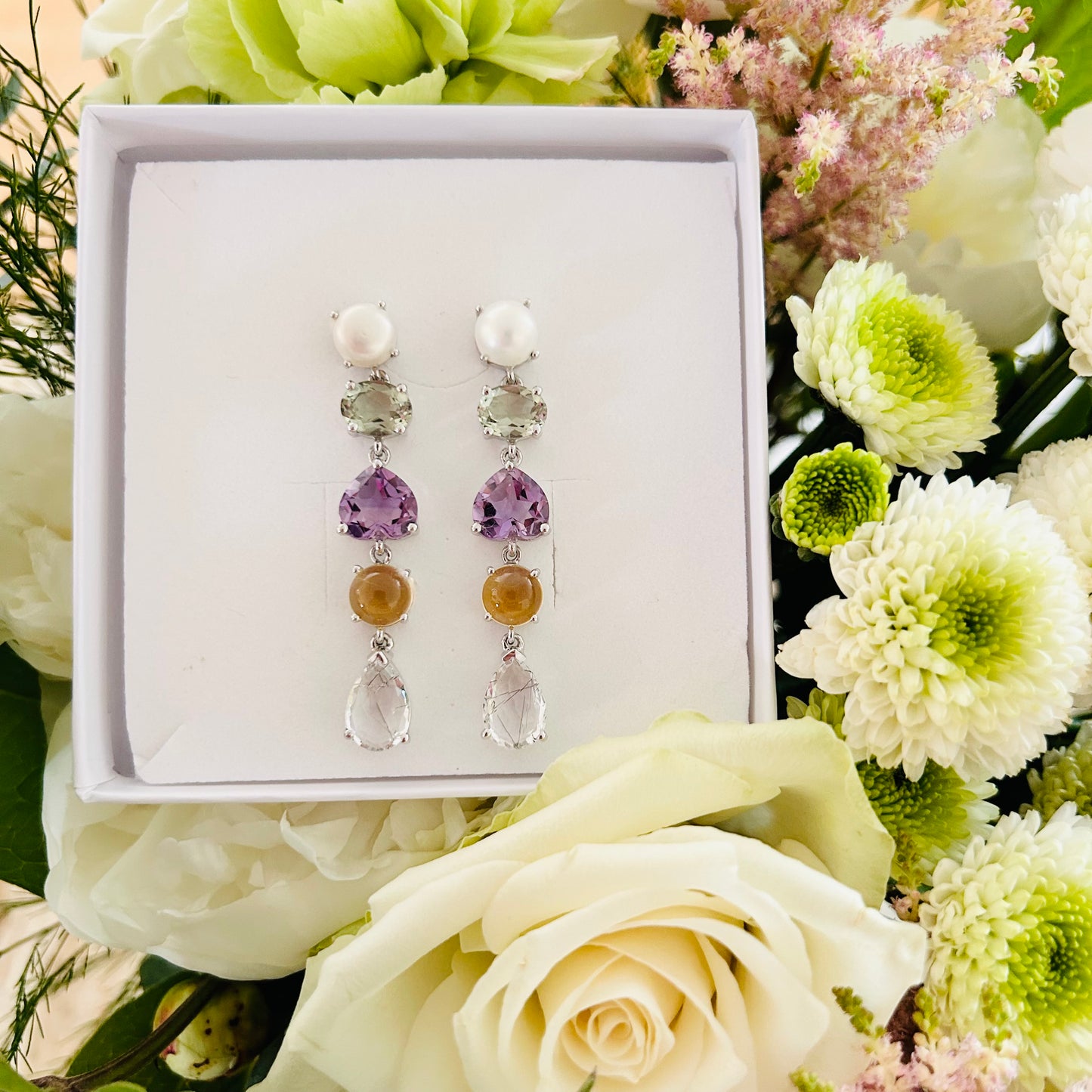 Ädelsten Pearl, Green Amethyst, Pink Amethyst, Citrine and Black Rutile Quarz