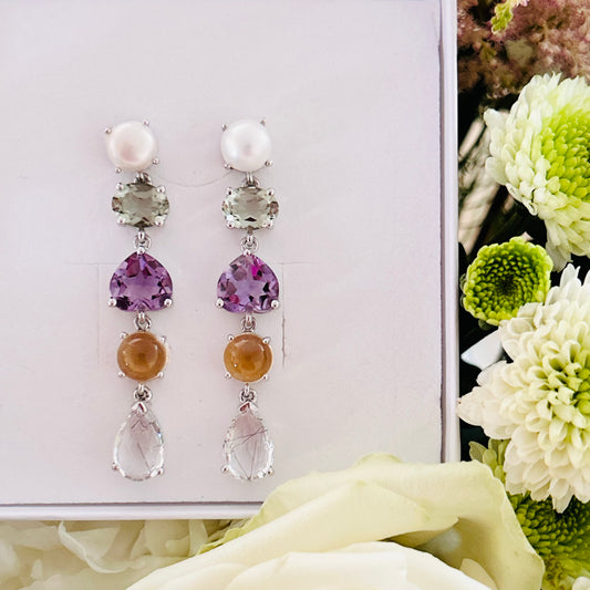 Ädelsten Pearl, Green Amethyst, Pink Amethyst, Citrine and Black Rutile Quarz